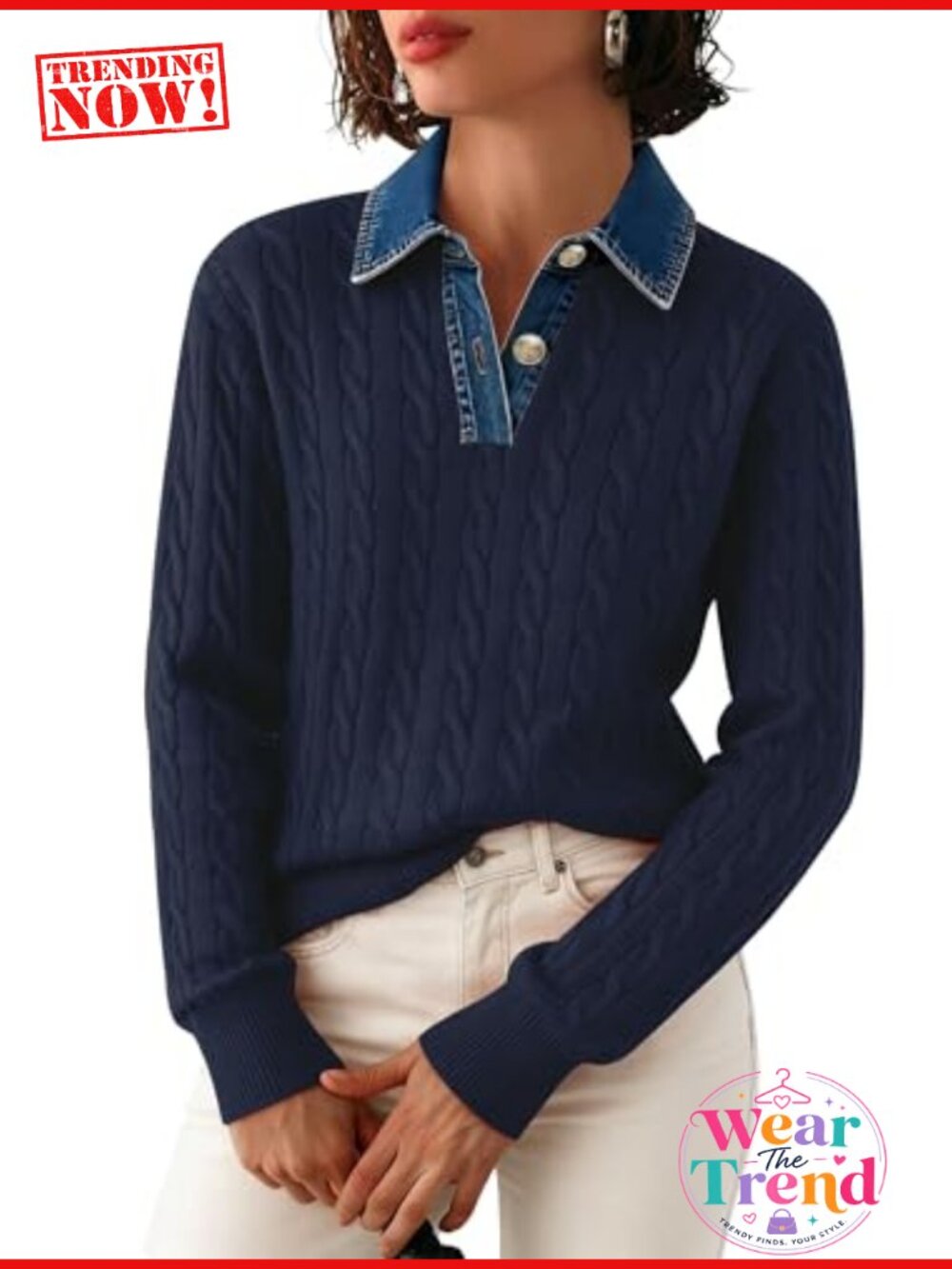 Cable Knit Lapel V-Neck Button Pullover Sweater Long Sleeve Loose Knit